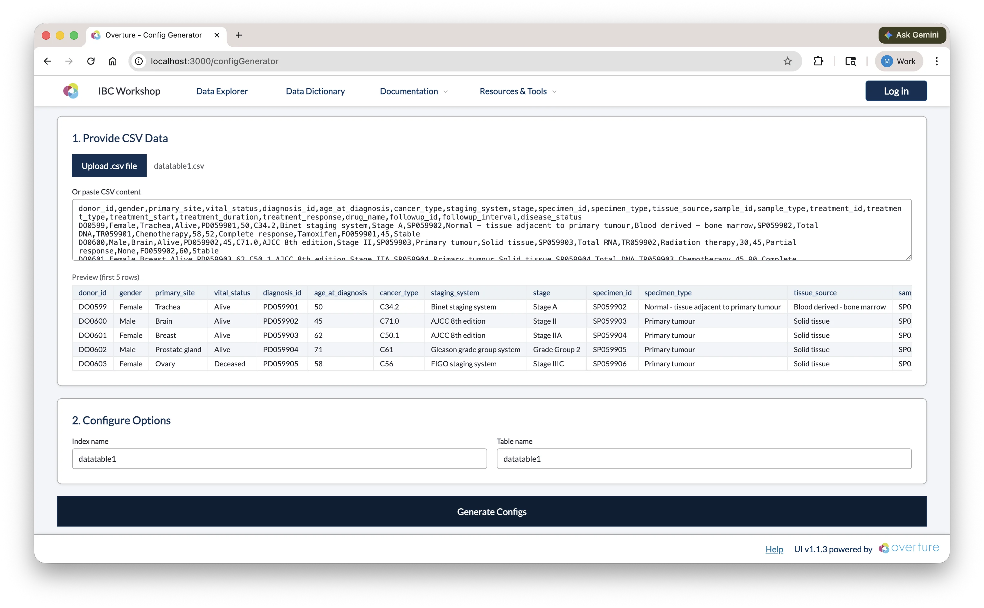 CSV upload area and preview table